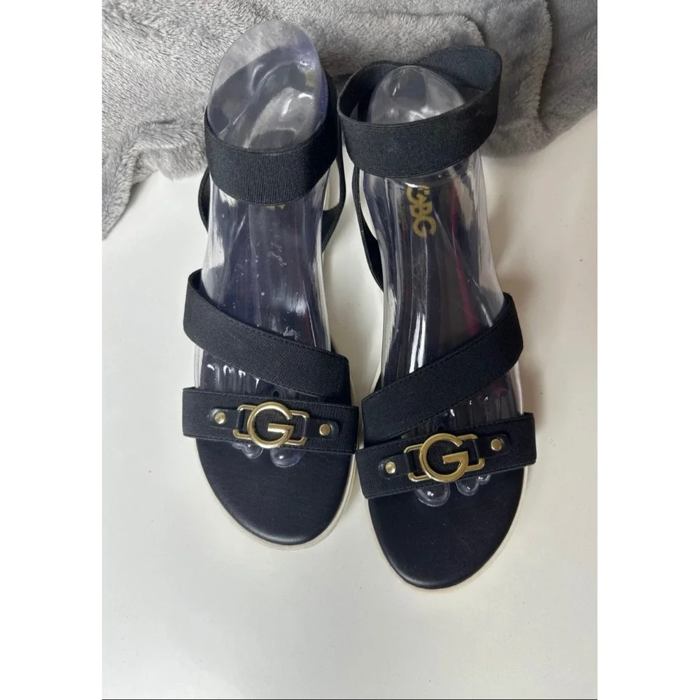 G by Guess GBG Black‎ Elastic Ankle Strap Sandals Wedges Gold Logo Accent 8.5